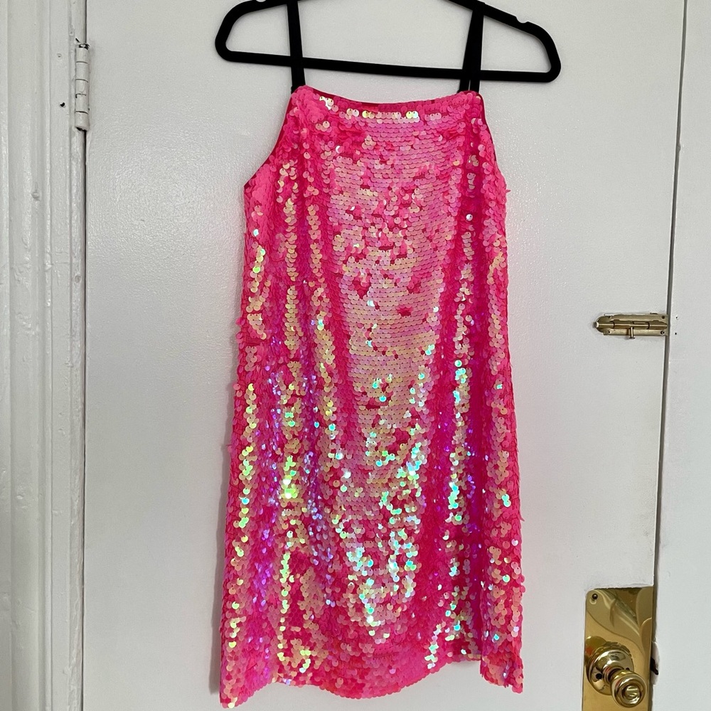 SOLD Milly Neon Pink Sequined Spaghetti Strap Mini Dress